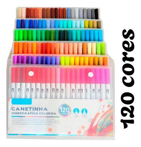 Kit Canetinha Hidrográfica 120 Cores Ponta Dupla Fina Grossa
